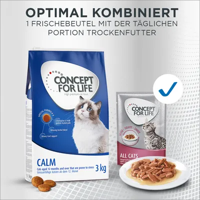 Concept for Life Calm Trockenfutter 3kg für stressanfällige Katzen ab 12 Monaten. Optimal kombiniert mit Frischebeutel All Cats in Sauce. Tägliche Portion Trocken- und Nassfutter.
