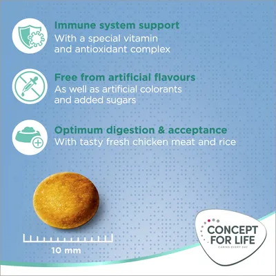 Tekst na engleskom: Immune system support, Free from artificial flavours, Optimum digestion & acceptance. Prikaz okrugle granule promjera 10 mm. Brand: Concept for Life.