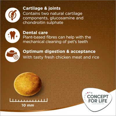 Key features: supports cartilage and joints with glucosamine and chondroitin, aids dental care with plant fibres, promotes digestion with chicken and rice. Kibble size shown as 10mm.