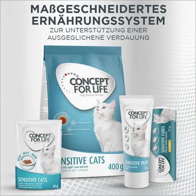 Concept for Life Sensitive Cats. Massgeschneidertes Ernährungssystem zur Unterstützung einer ausgeglichenen Verdauung. Produkte: Trockenfutter 400g, Nassfutter 85g, Paste 75g, Snacks 25g.