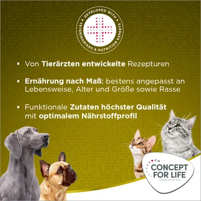 Von Tierärzten entwickelte Rezepturen, Ernährung nach Mass für Lebensweise, Alter, Grösse und Rasse, funktionale Zutaten höchster Qualität mit optimalem Nährstoffprofil.