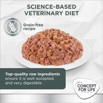 Concept for Life, dieta veterinaria grain-free. Ingredienti di alta qualità, ben accettata e molto digeribile. Ricetta senza cereali. Testo in inglese.