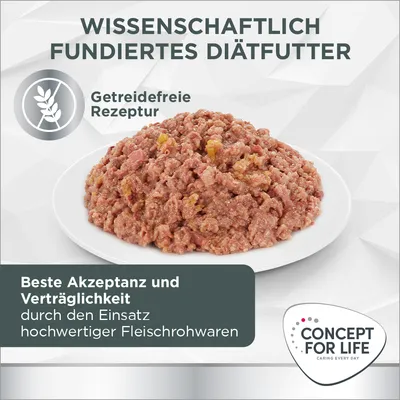 Wissenschaftlich fundiertes Diätfutter, getreidefreie Rezeptur. Beste Akzeptanz und Verträglichkeit durch hochwertige Fleischrohwaren. Marke: Concept for Life.
