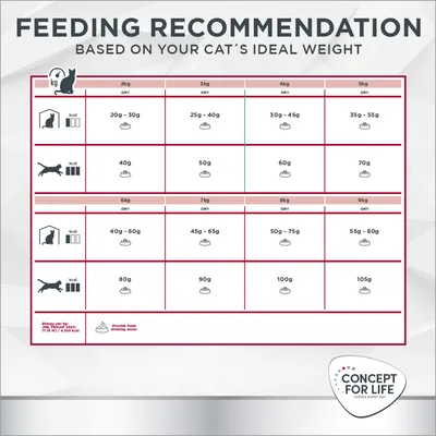 Feeding guide for Concept for Life cat food: dry food by cat weight, 2kg 20–30g, 3kg 25–40g, 4kg 30–45g, 5kg 35–55g, 6kg 40–60g, 7kg 45–65g, 8kg 50–75g, 9kg 55–80g. Provide fresh water.