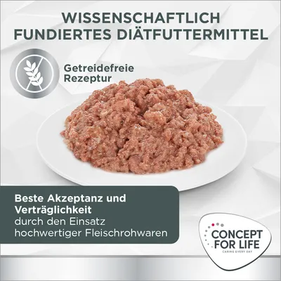 Wissenschaftlich fundiertes Diätfuttermittel mit getreidefreier Rezeptur. Beste Akzeptanz und Verträglichkeit durch hochwertige Fleischrohwaren. Marke: Concept for Life.
