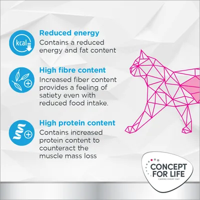 Reduced energy and fat content, high fibre for satiety with less food, and increased protein to counteract muscle mass loss. Concept for Life brand shown.