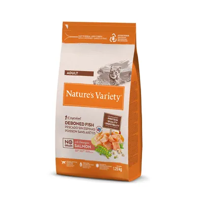 Sac de croquettes Nature’s Variety Adult, poisson sans arêtes, saumon norvégien, sans céréales, 1,25 kg. Texte visible : protein, quality, digestibility.