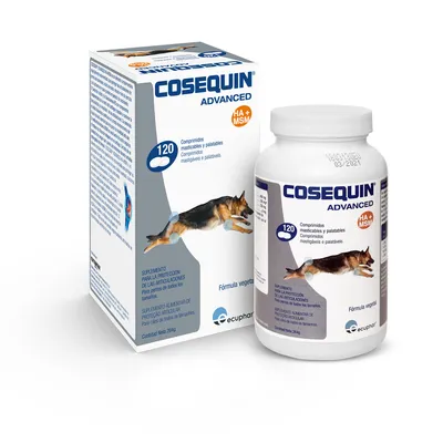 Cosequin Advanced HA+MSM, 120 comprimidos masticables. Suplemento para el apoyo articular en perros. Fórmula de origen vegetal. Envase y frasco visibles.