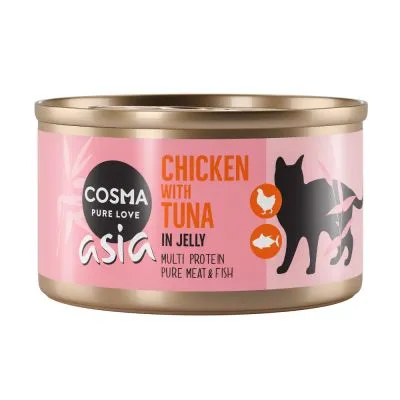 Cosma Pure Love Asia Chicken with Tuna in Jelly, Multi Protein Pure Meat & Fish, lattina con silhouette di gatto e icone pollo e pesce visibili sull'etichetta.