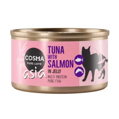 Cosma Pure Love Asia Tuna with Salmon in Jelly, Multi Protein Pure Fish, lattina con silhouette di gatto e testo in inglese sull'etichetta rosa.