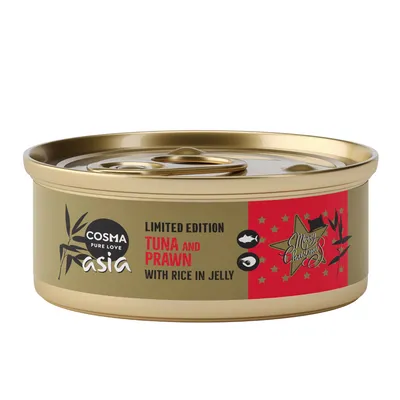Cosma Asia Limited Edition, tonfisk och räkor med ris i gelé. Guld burk med röd juldesign.