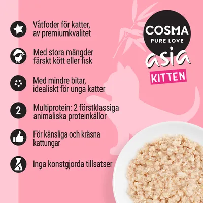 COSMA PURE LOVE asia KITTEN. Våtfoder för katter, premiumkvalitet, stora mängder färskt kött eller fisk, mindre bitar, multiprotein, inga konstgjorda tillsatser, för känsliga kattungar.
