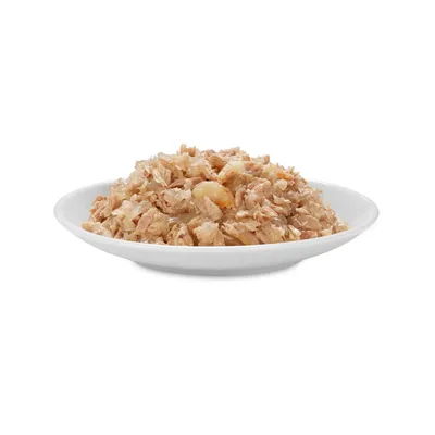 Närbild av strimlad tonfisk och räkor på en vit tallrik, lämplig som djurfoder.