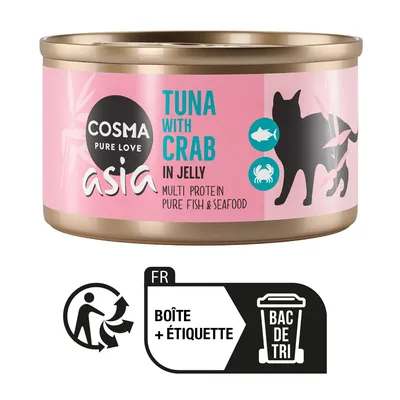 Cosma Pure Love Asia Tuna with Crab in Jelly, multi protein pure fish & seafood. Icônes poisson, crabe et chat. Consigne FR : boîte + étiquette bac de tri.