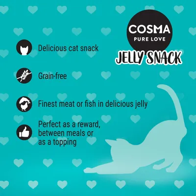 Cosma Pure Love Jelly Snack: delicious cat snack, grain-free, finest meat or fish in jelly, perfect as a reward, between meals or as a topping.