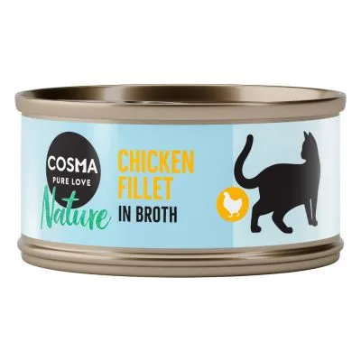 Cosma Pure Love Nature Chicken Fillet in Broth, scatoletta con silhouette di gatto e icona pollo. Testo in inglese sull'etichetta.