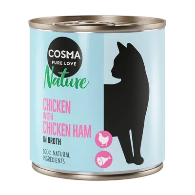 Cosma Nature kattenvoer, kip met kipfiletham in bouillon, 100% natuurlijke ingrediënten. Silhouet van een kat en iconen voor kip en ham zichtbaar.