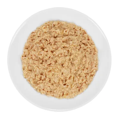 Foder på hvid tallerken, lysebrun patélignende konsistens. Ingen synlige mærker eller tekst.