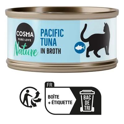 Cosma Pure Love Nature Pacific Tuna in Broth, boîte avec silhouette de chat. Pictogramme : FR boîte + étiquette bac de tri.