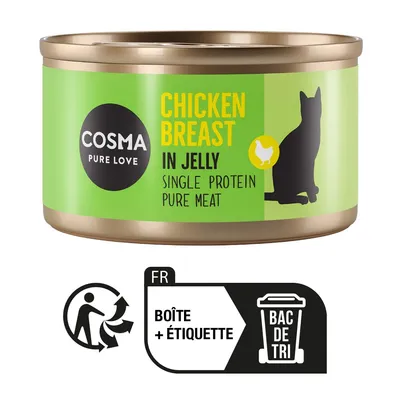 Boîte Cosma Pure Love, Chicken Breast in Jelly, Single Protein Pure Meat. Icône de tri : FR boîte + étiquette, bac de tri.