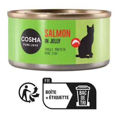 Cosma Pure Love Salmon in Jelly, Single Protein Pure Fish. Icône de tri : FR boîte + étiquette à jeter dans le bac de tri.