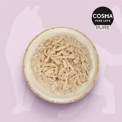 Cosma Pure Love PURE. Schüssel mit zerkleinertem Hühnerfleisch auf rosa Hintergrund mit Katzenumriss.