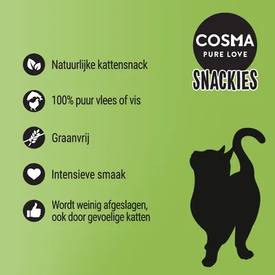 COSMA PURE LOVE SNACKIES. Natuurlijke kattensnack, 100% puur vlees of vis, graanvrij, intensieve smaak, wordt weinig afgeslagen ook door gevoelige katten.