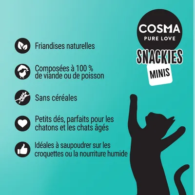 COSMA PURE LOVE SNACKIES MINIS. Friandises naturelles, 100 % viande ou poisson, sans céréales, petits dés pour chatons et chats âgés, à saupoudrer sur croquettes ou nourriture humide.