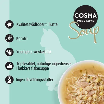 COSMA PURE LOVE Soup. Kvalitetsvådfoder til katte, kornfri, yderligere væskekilde, top-kvalitet naturlige ingredienser i lækker fiskesuppe, ingen tilsætningsstoffer.