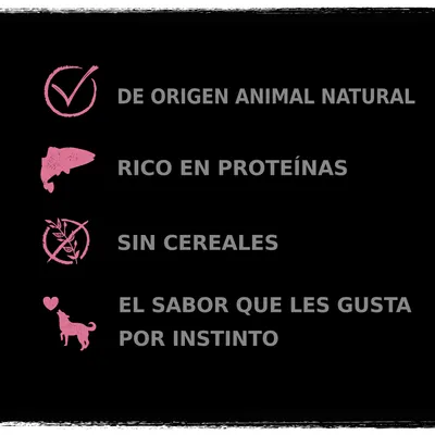De origen animal natural, rico en proteínas, sin cereales, el sabor que les gusta por instinto.