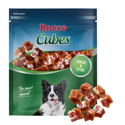 Rocco Cubes Duck & Fish. Koiranherkut kuutioina, uudelleensuljettava pakkaus.