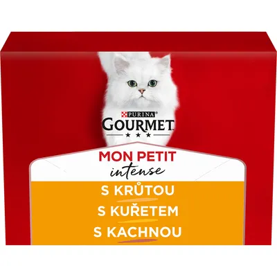 Purina Gourmet Mon Petit Intense s krůtou, s kuřetem, s kachnou – balení s obrázkem bílé kočky a názvy příchutí na přední straně.