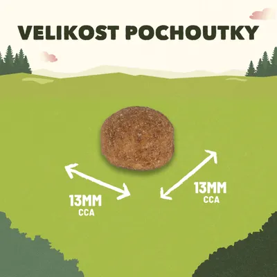 Veľkosť pochúťky: guľatý tvar, približne 13 mm x 13 mm. Text na obrázku: 'VELIKOST POCHOUTKY', '13MM CCA'.