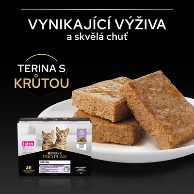 Purina Pro Plan Kitten terina s krůtou, balení s obrázkem dvou koťat a porcí teriny na talíři. Text: Vynikající výživa a skvělá chuť, terina s krůtou.