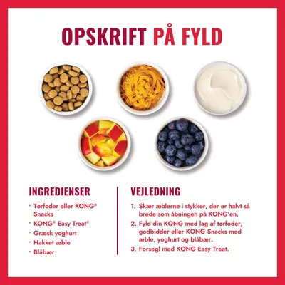 Opskrift på fyld: Ingredienserne er tørfoder eller KONG Snacks, KONG Easy Treat, græsk yoghurt, hakket æble og blåbær. Vejledning i tre trin.