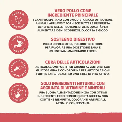 Ingredienti principali: vero pollo, favorisce la digestione grazie ai prebiotici, cura delle articolazioni con glucosammina, solo ingredienti naturali più vitamine e minerali, senza additivi artificiali. Ingredienti principali: vero pollo, favorisce la digestione grazie ai prebiotici, cura delle articolazioni con glucosammina, solo ingredienti naturali più vitamine e minerali, senza additivi artificiali.