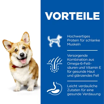Vorteile: Hochwertiges Protein für schlanke Muskeln, Omega-6-Fettsäuren und Vitamin E für gesunde Haut und glänzendes Fell, leicht verdauliche Zutaten für eine gesunde Verdauung.