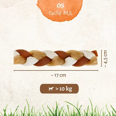Snack à mâcher tressé, taille M/L, environ 17 cm de long et 4,5 cm d'épaisseur, recommandé pour les chiens de plus de 10 kg. Snack à mâcher tressé, taille M/L, environ 17 cm de long et 4,5 cm d'épaisseur, recommandé pour les chiens de plus de 10 kg.