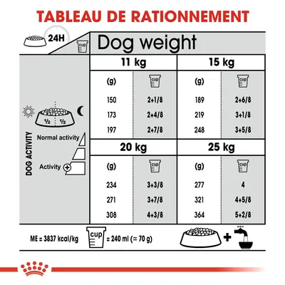 Tableau de rationnement pour chiens : quantités en grammes et tasses selon poids (11, 15, 20, 25 kg) et niveau d’activité. 1 tasse = 240 ml (≈70 g). Énergie : 3837 kcal/kg.