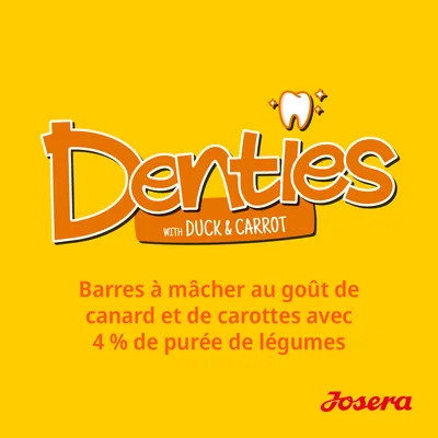 Denties with duck & carrot. Barres à mâcher au goût de canard et de carottes avec 4 % de purée de légumes. Josera.
