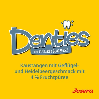 Denties Kaustangen mit Geflügel- und Heidelbeergeschmack, enthält 4 % Fruchtpüree. Marke: Josera.