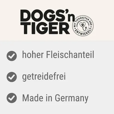 Dogs'n Tiger. Разработано с ветеринарами и экспертами по питанию. Высокое содержание мяса, без зерна, произведено в Германии.