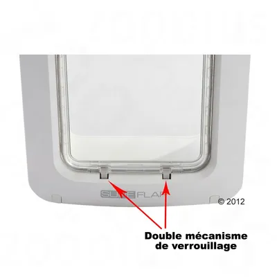 Chatière blanche SUREFLAP avec double mécanisme de verrouillage indiqué par des flèches rouges et texte : Double mécanisme de verrouillage.