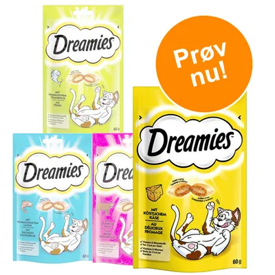 Flere poser Dreamies kattegodbidder, synlig tekst: 'Prøv nu!', varianter med tun, laks, oksekød og ost, hver pose 60 g. Illustration af kat på alle pakker.