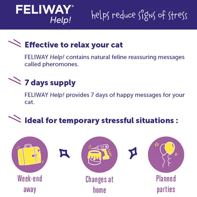 FELIWAY Help! helps reduce signs of stress, effective to relax your cat with pheromones, 7 days supply, ideal for temporary stressful situations like week-end away, changes at home, planned parties.