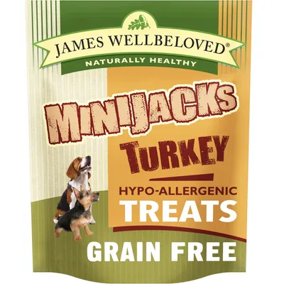 MiniJacks turkey hypo-allergenic treats, grain free. Naturally healthy. Image shows two dogs beside the product name.