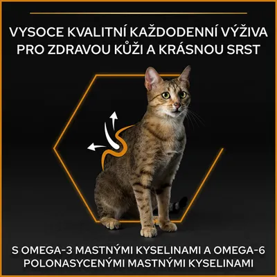 Text v češtine: Vysoce kvalitní každodenní výživa pro zdravou kůži a krásnou srst. S omega-3 mastnými kyselinami a omega-6 polonasycenými mastnými kyselinami.
