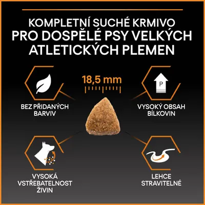 Kompletné suché krmivo pre dospelé psy veľkých atletických plemien, granula 18,5 mm, bez pridaných farbív, vysoký obsah bielkovín, vysoká vstrebateľnosť živín, ľahko stráviteľné. Text v češtine.