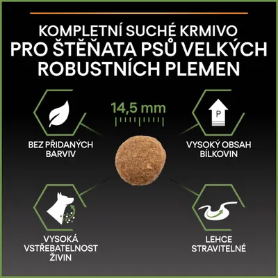 Kompletní suché krmivo pro štěňata psů velkých robustních plemen, 14,5 mm granula, bez přidaných barviv, vysoký obsah bílkovin, vysoká vstřebatelnost živin, lehce stravitelné. Text v češtine.