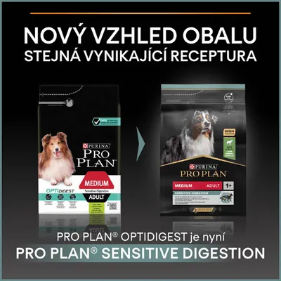 Zmena obalu krmiva pre psov: Purina Pro Plan OptiDigest Medium Adult je teraz Pro Plan Sensitive Digestion Medium Adult. Text v češtine: Nový vzhled obalu, stejná vynikající receptura.
